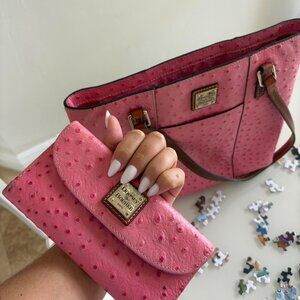 Dooney and Bourke Pink Ostrich Shoulder Bag and Wallet Set